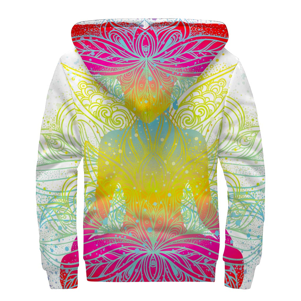 Colorful Buddha Lotus Print Sherpa Lined Zip Up Hoodie for Groovy Hippies - 2