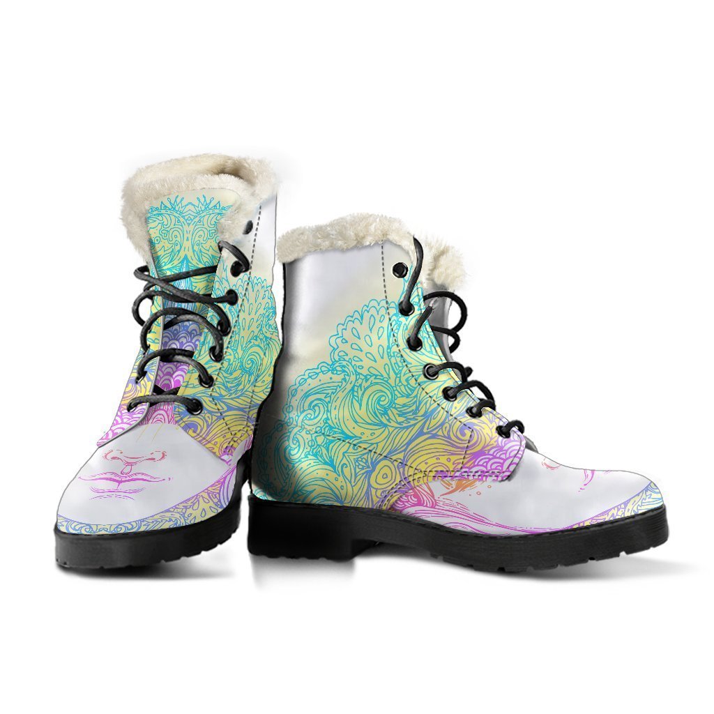 Groovy Buddha Mandala Print Faux Fur Leather Boots for the Boho Chic Hippie - 3