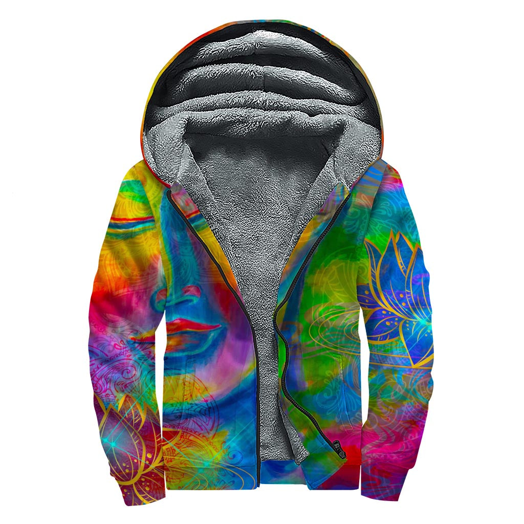 Groovy Buddha Print Sherpa Lined Zip Up Hoodie - 1