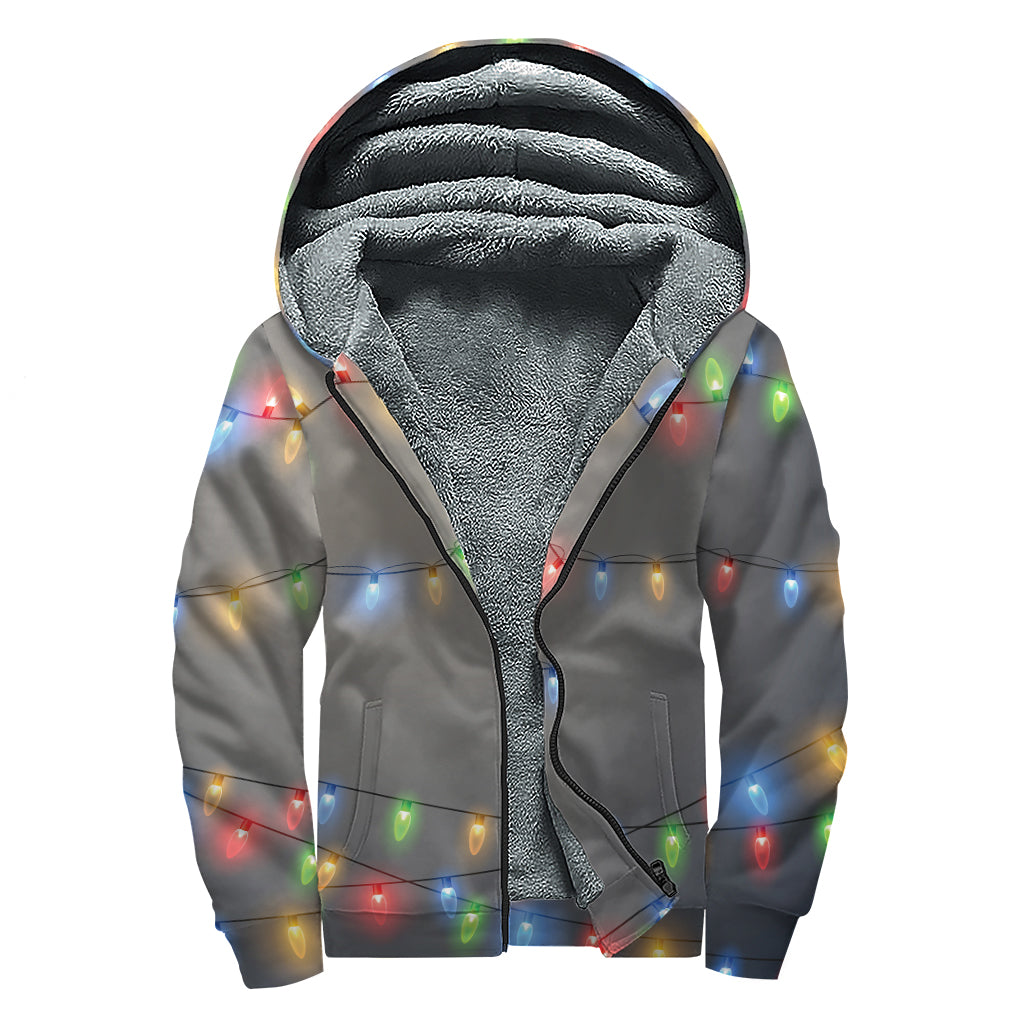 Colorful Christmas String Lights Sherpa Lined Zip Up Hoodie for Groovy Hippies - 1