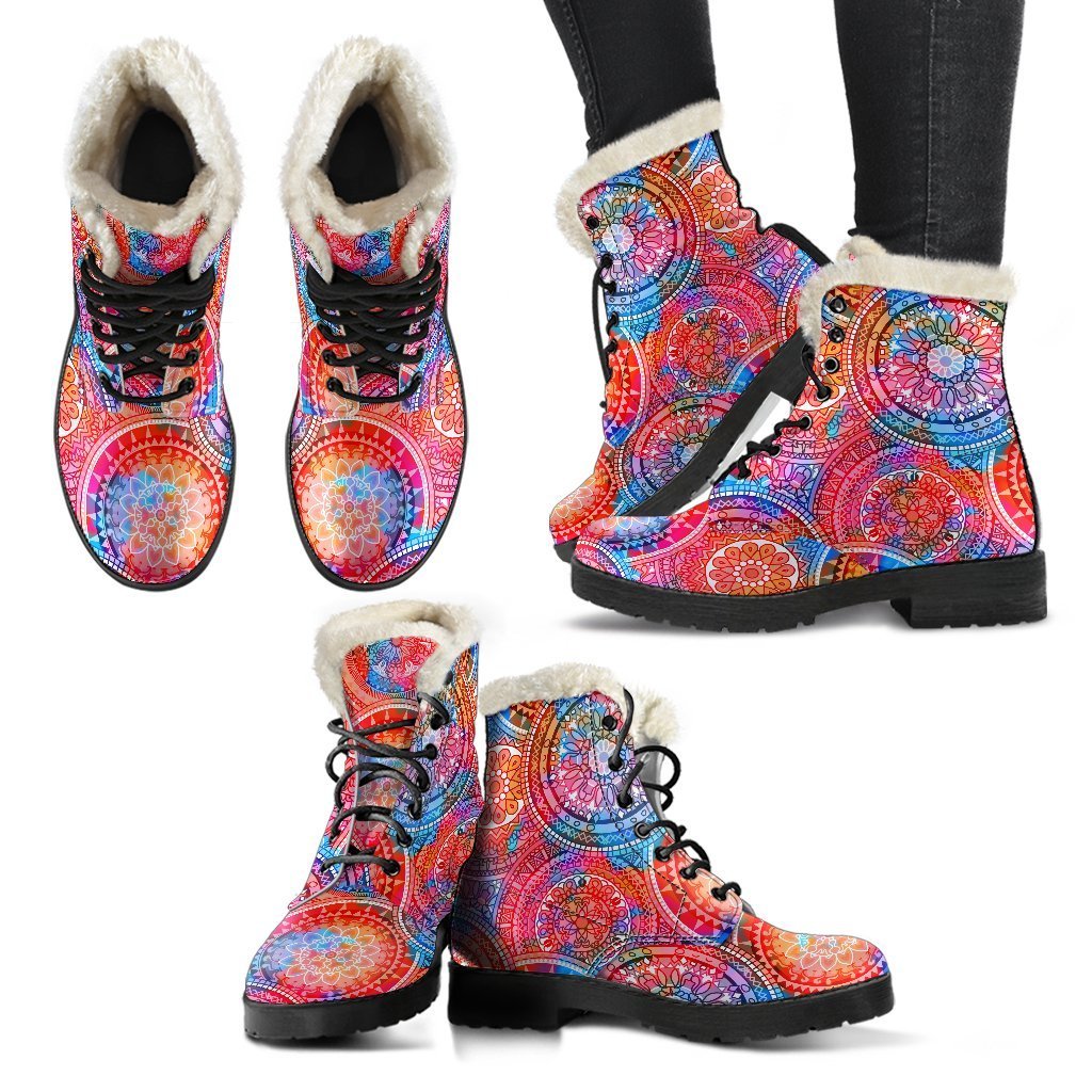 Groovy Vibes Faux Fur Leather Boots with Colorful Mandala Print - 2