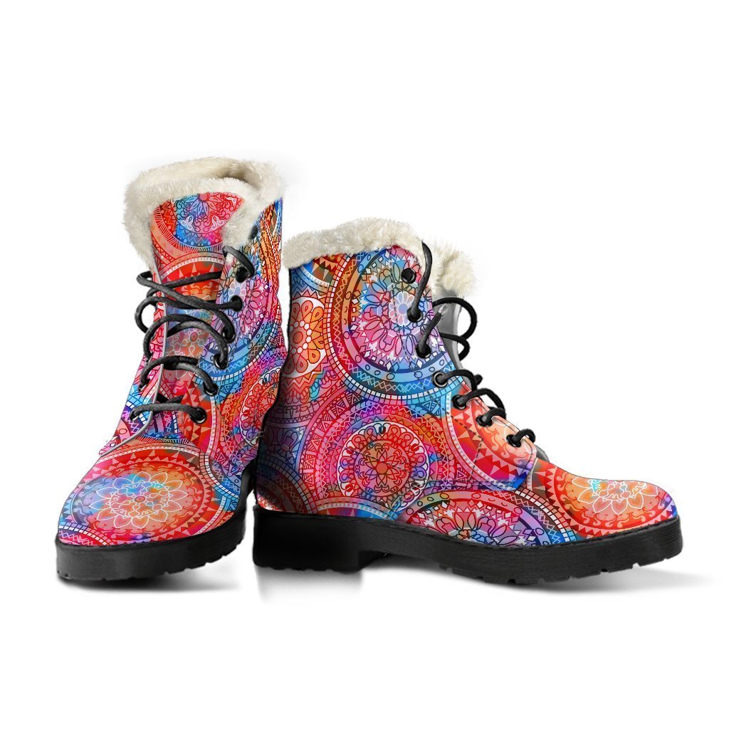 Groovy Vibes Faux Fur Leather Boots with Colorful Mandala Print - 3