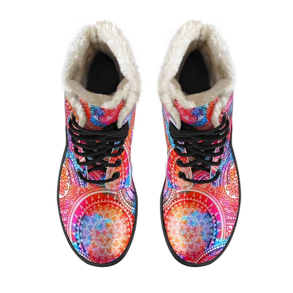 Groovy Vibes Faux Fur Leather Boots with Colorful Mandala Print - 4