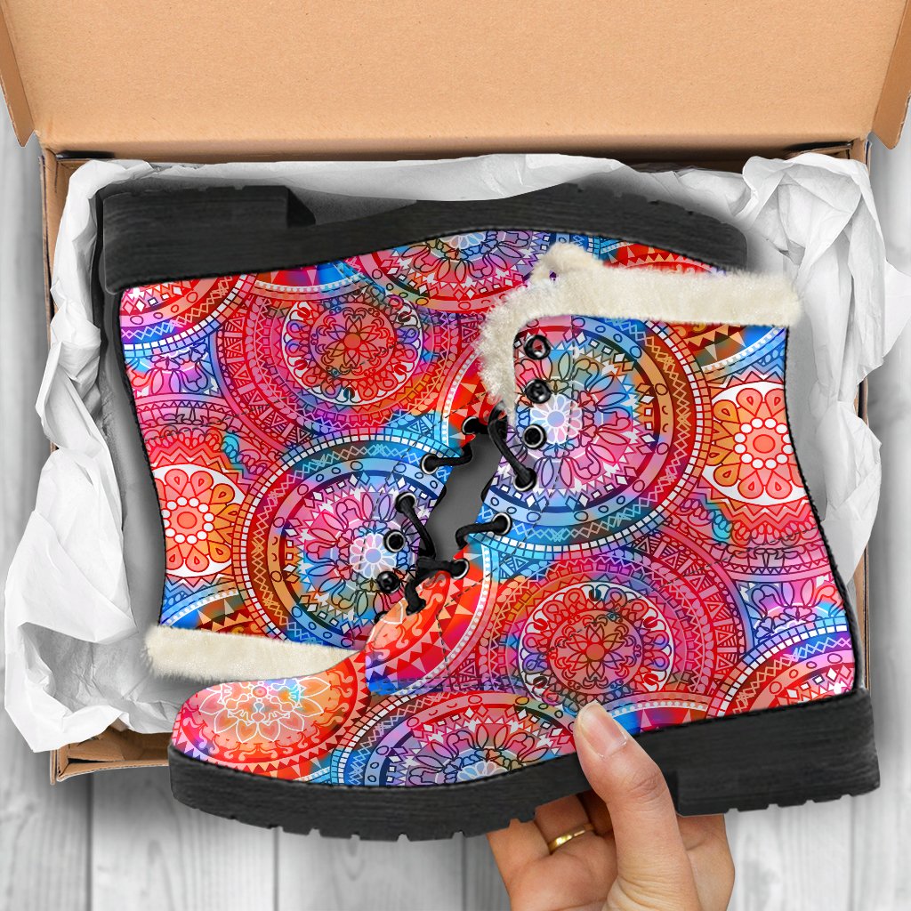 Groovy Vibes Faux Fur Leather Boots with Colorful Mandala Print - 5