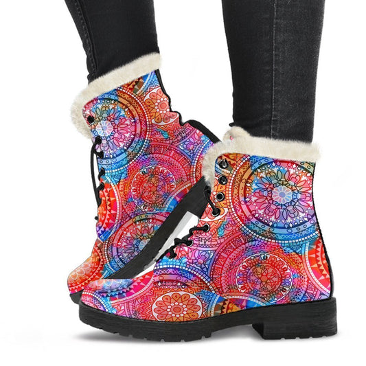 Groovy Vibes Faux Fur Leather Boots with Colorful Mandala Print - 1