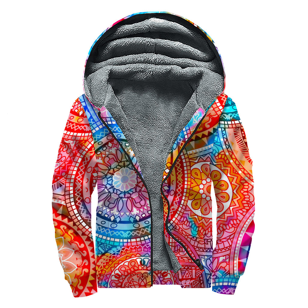 Colorful Circle Mandala Print Sherpa Lined Zip Up Hoodie: Embrace Your Inner Hippie - 1