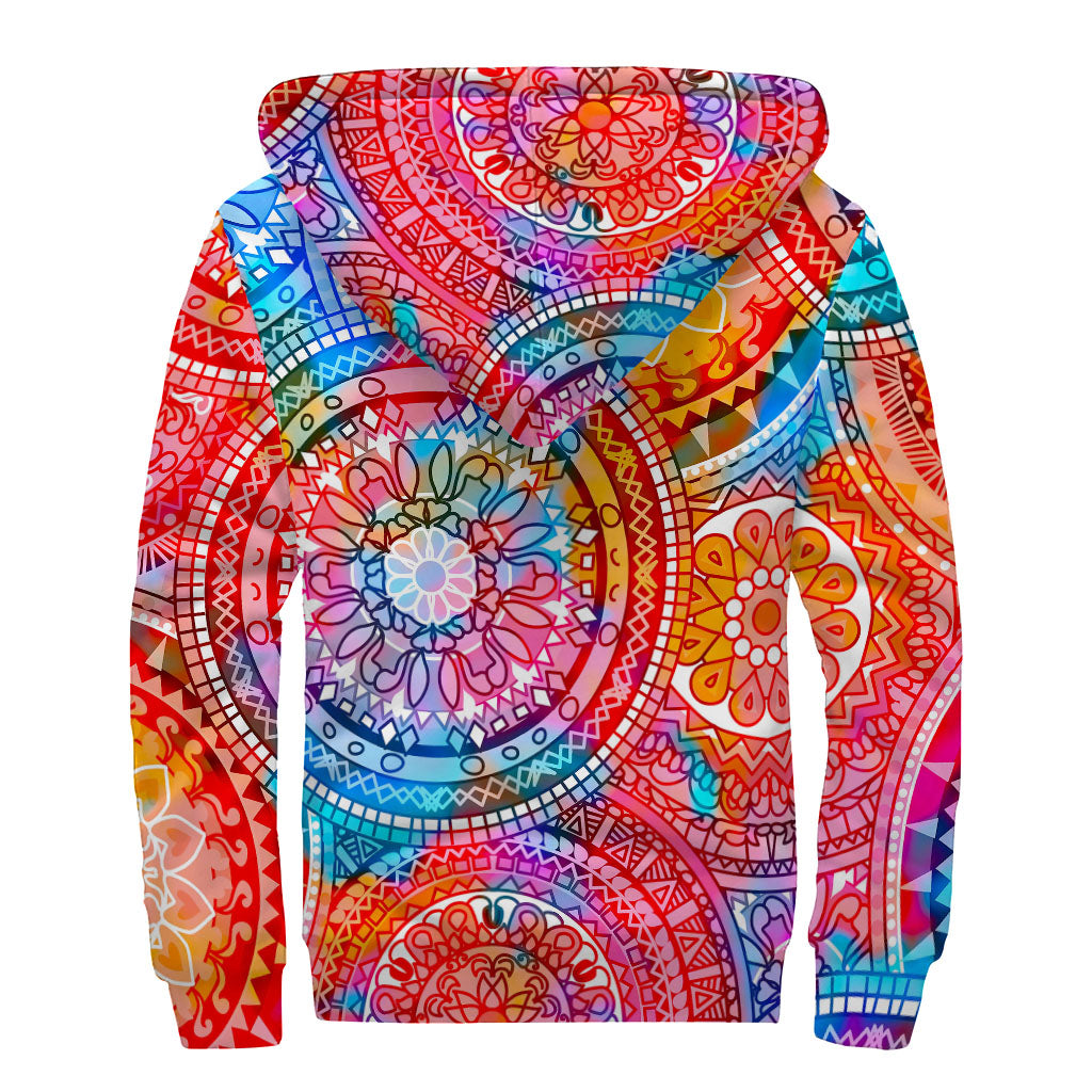 Colorful Circle Mandala Print Sherpa Lined Zip Up Hoodie: Embrace Your Inner Hippie - 2