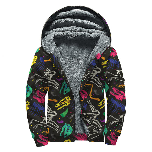 Colorful Dinosaur Fossil Pattern Print Sherpa Lined Zip Up Hoodie for the Groovy Hippie - 1