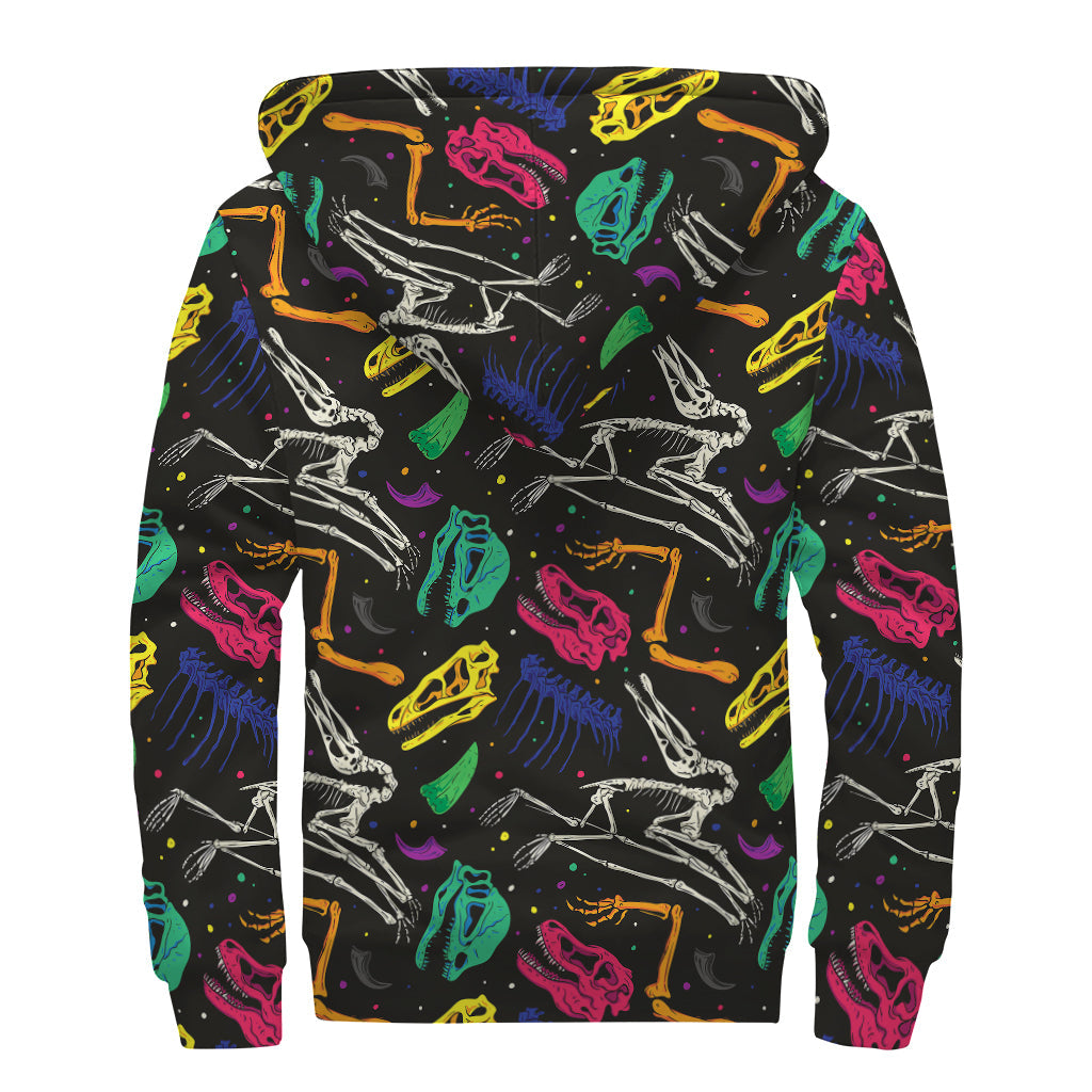 Colorful Dinosaur Fossil Pattern Print Sherpa Lined Zip Up Hoodie for the Groovy Hippie - 2