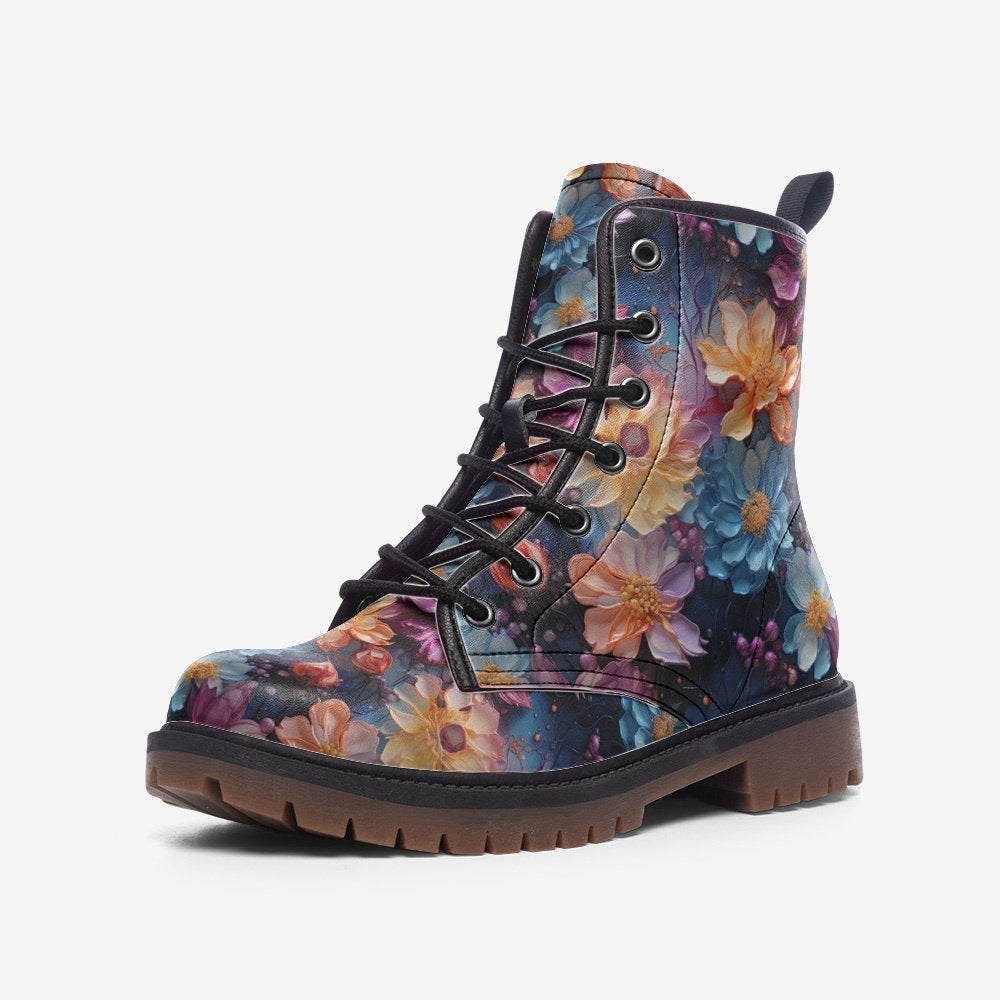 Emerald Blossoms - Colorful Floral Casual Faux Leather Lightweight Boots For Hippies