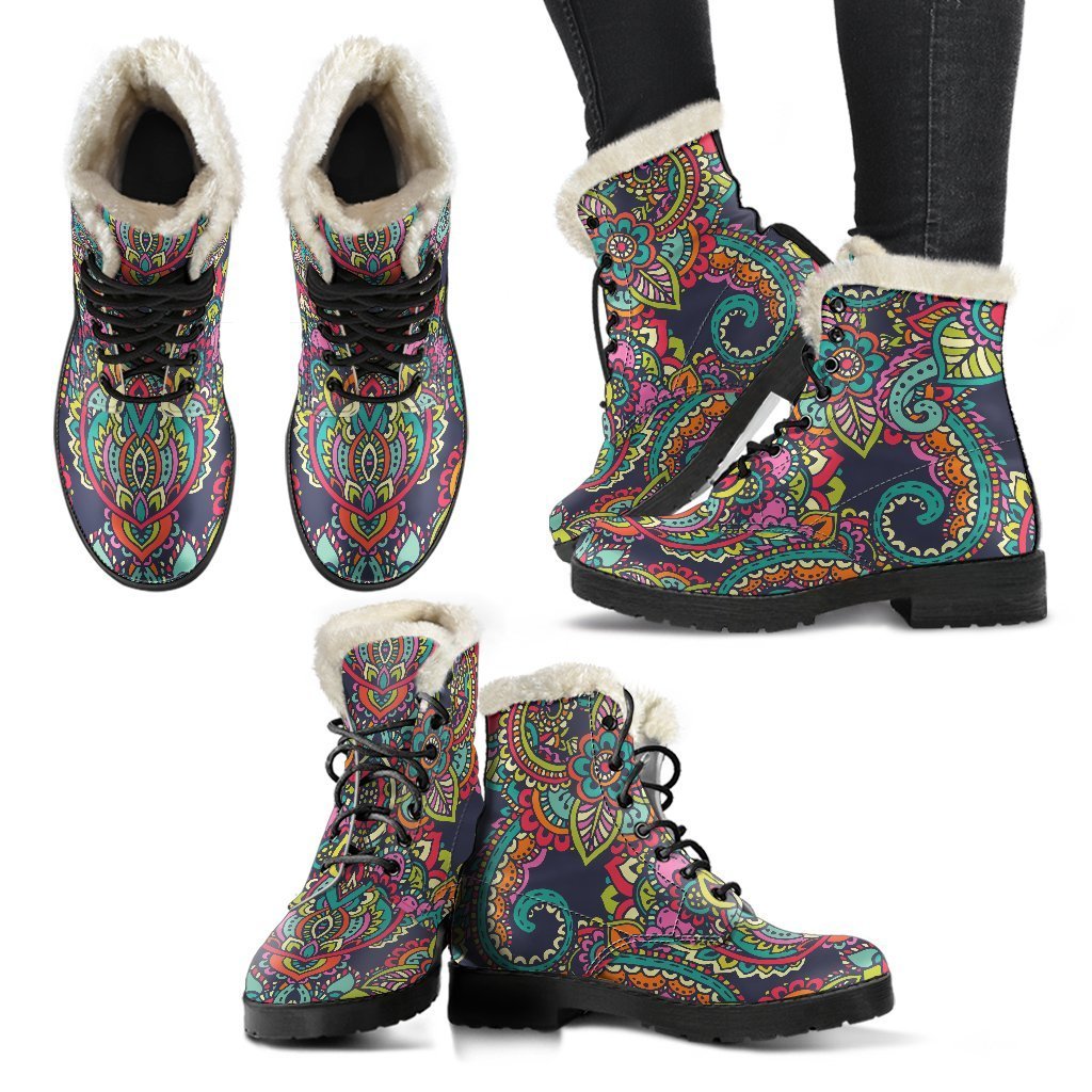 Groovy Faux Fur Leather Boots with Colorful Mandala Print - Perfect for Hippie Style! - 2