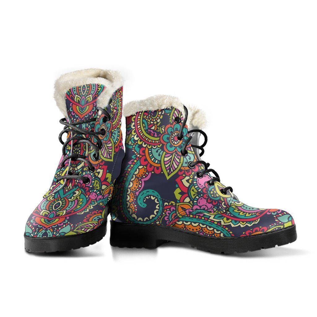 Groovy Faux Fur Leather Boots with Colorful Mandala Print - Perfect for Hippie Style! - 3