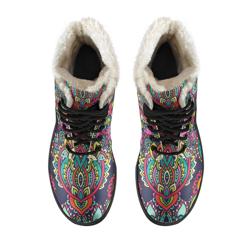 Groovy Faux Fur Leather Boots with Colorful Mandala Print - Perfect for Hippie Style! - 4