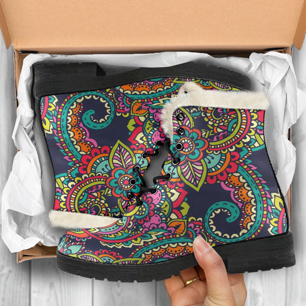 Groovy Faux Fur Leather Boots with Colorful Mandala Print - Perfect for Hippie Style! - 5