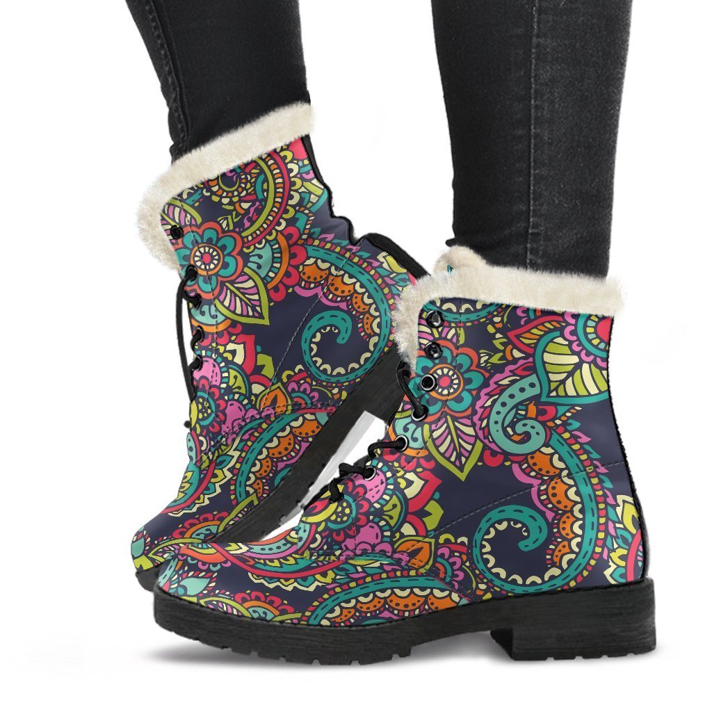 Groovy Faux Fur Leather Boots with Colorful Mandala Print - Perfect for Hippie Style! - 1