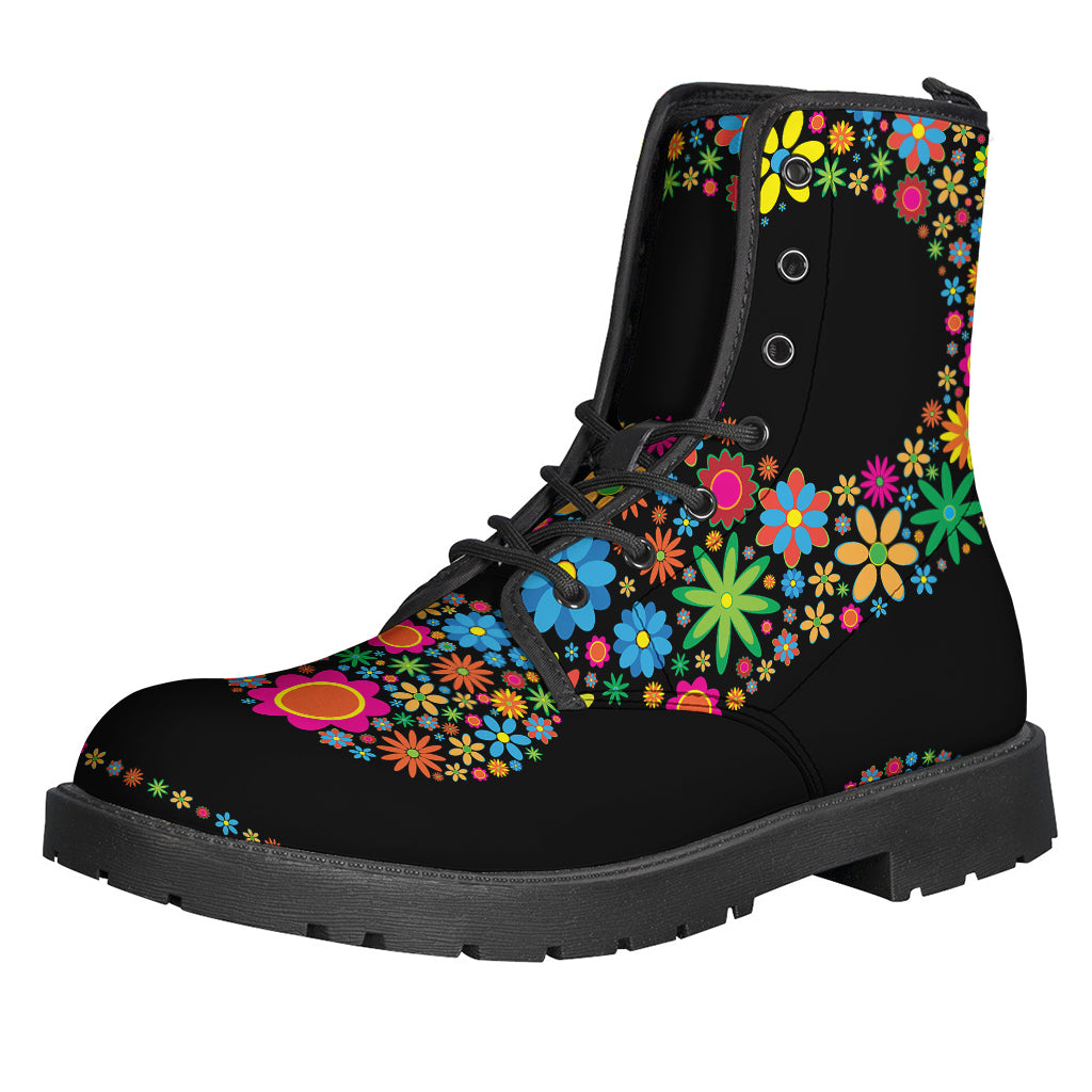 Colorful Flower Yin Yang Leather Boots: Step into Style with Hippie Vibes! - 1