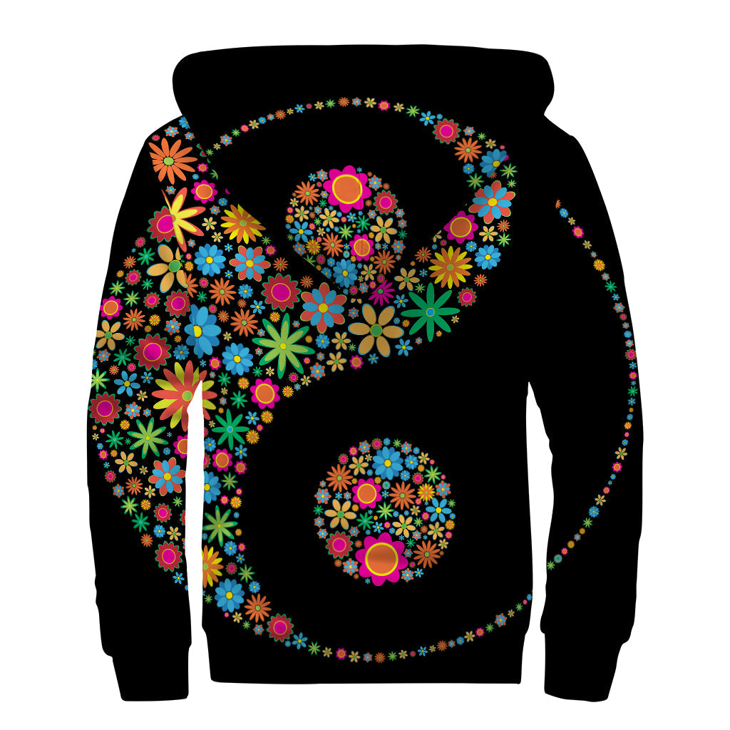 Colorful Flowers Yin Yang Sherpa Lined Zip Up Hoodie - 2