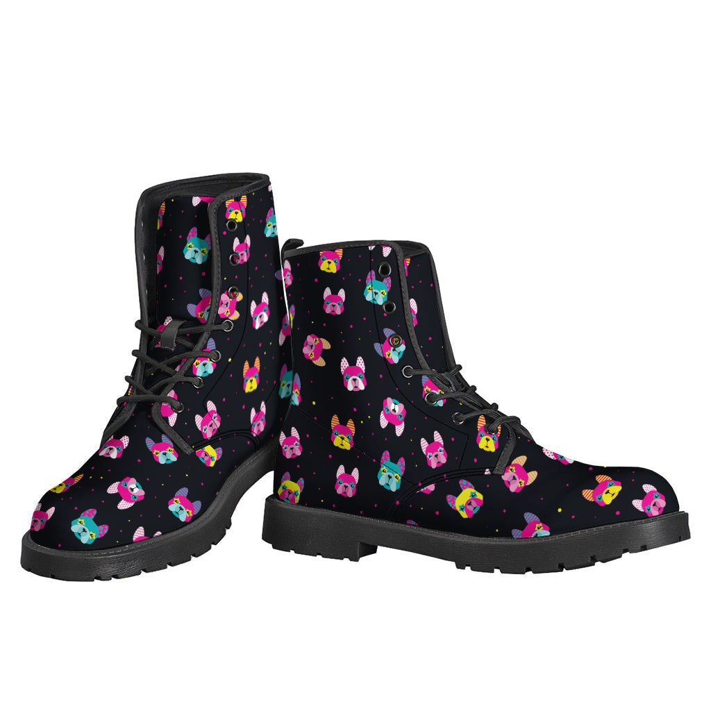 Groovy French Bulldog Print Leather Boots for Free-Spirited Hippies - 3