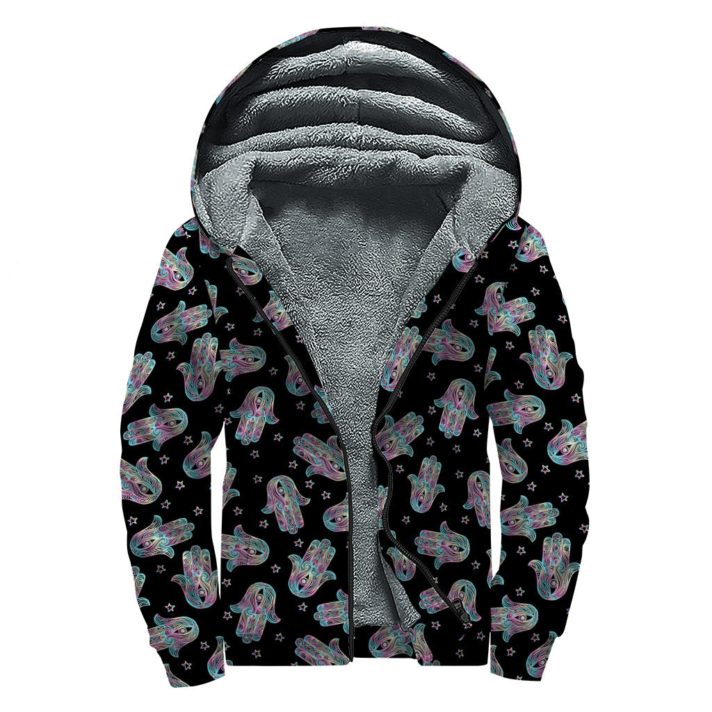 Colorful Hamsa Hand Sherpa-Lined Hippie Zip Up Hoodie - 1