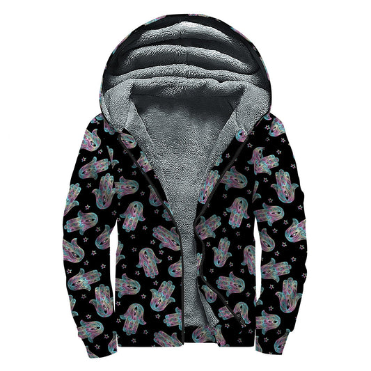 Colorful Hamsa Hand Sherpa-Lined Hippie Zip Up Hoodie - 1