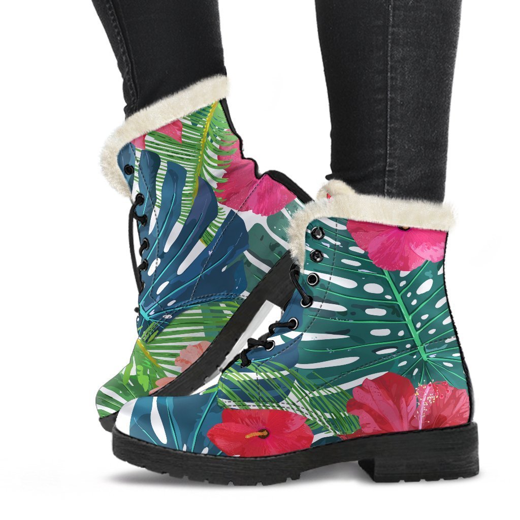 Colorful Hawaii Floral Faux Fur Leather Boots for Groovy Hippies - 1