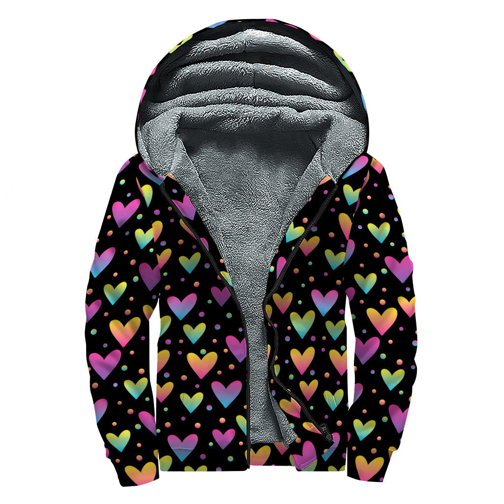 Groovy Heart Print Sherpa Lined Zip Up Hoodie - 1