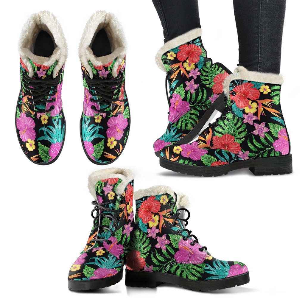 Groovy Faux Fur Leather Boots: Step Out in Style with Colorful Hibiscus Flowers - 2