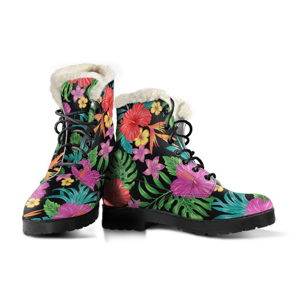 Groovy Faux Fur Leather Boots: Step Out in Style with Colorful Hibiscus Flowers - 3