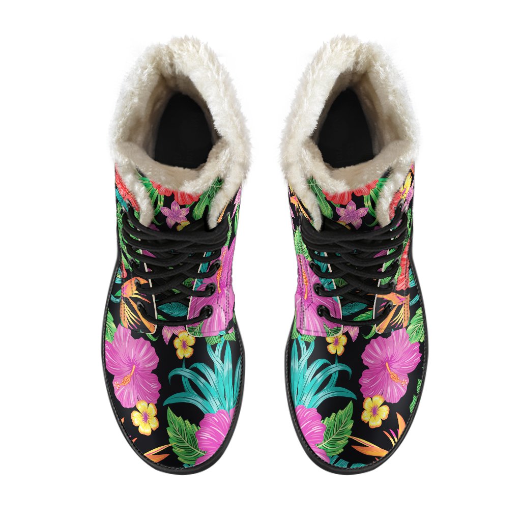 Groovy Faux Fur Leather Boots: Step Out in Style with Colorful Hibiscus Flowers - 4