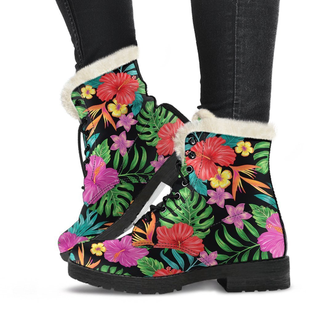 Groovy Faux Fur Leather Boots: Step Out in Style with Colorful Hibiscus Flowers - 1