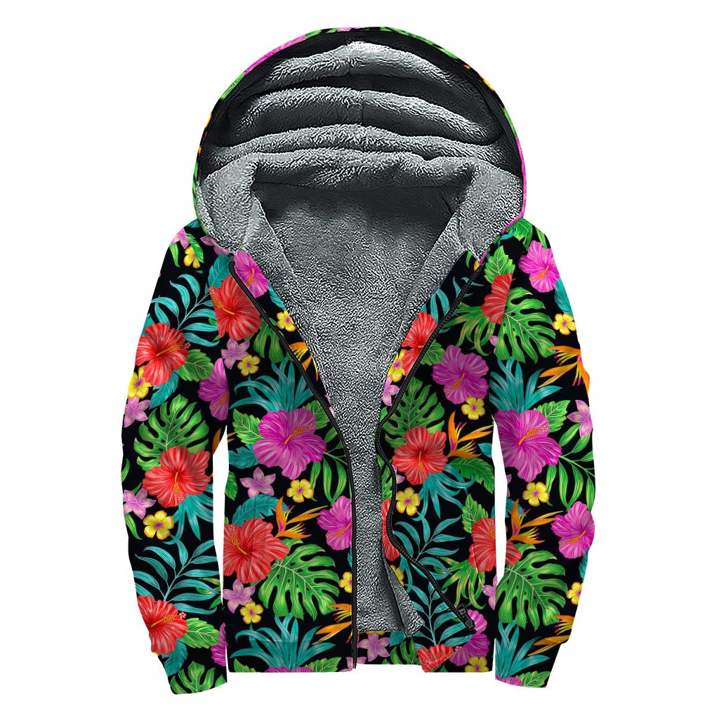 Colorful Hibiscus Dreams Sherpa Lined Zip Up Hoodie for Groovy Hippies - 1