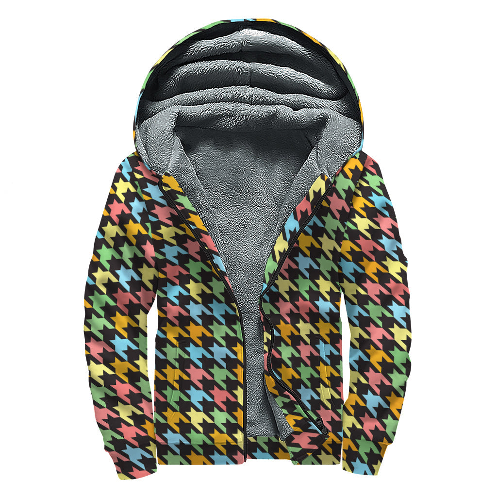 Colorful Houndstooth Print Sherpa Lined Zip Up Hoodie for the Free-Spirited Hippie - 1