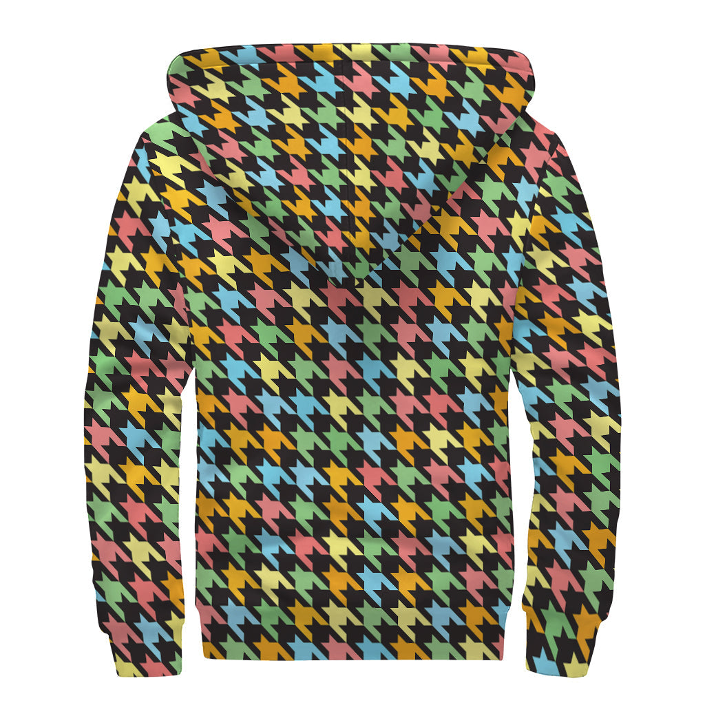 Colorful Houndstooth Print Sherpa Lined Zip Up Hoodie for the Free-Spirited Hippie - 2