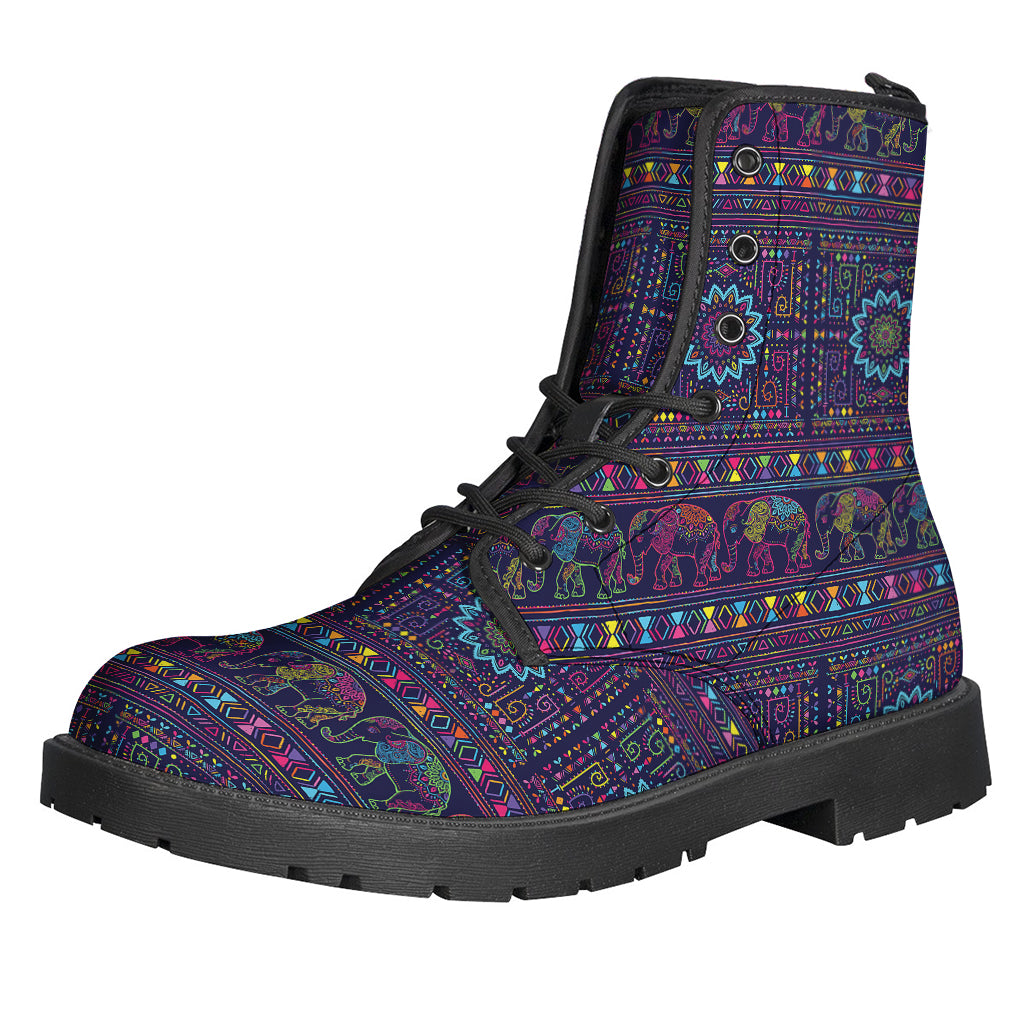 Boho Chic: Colorful Indian Elephant Print Leather Boots for the Free-Spirited Hippie - 1