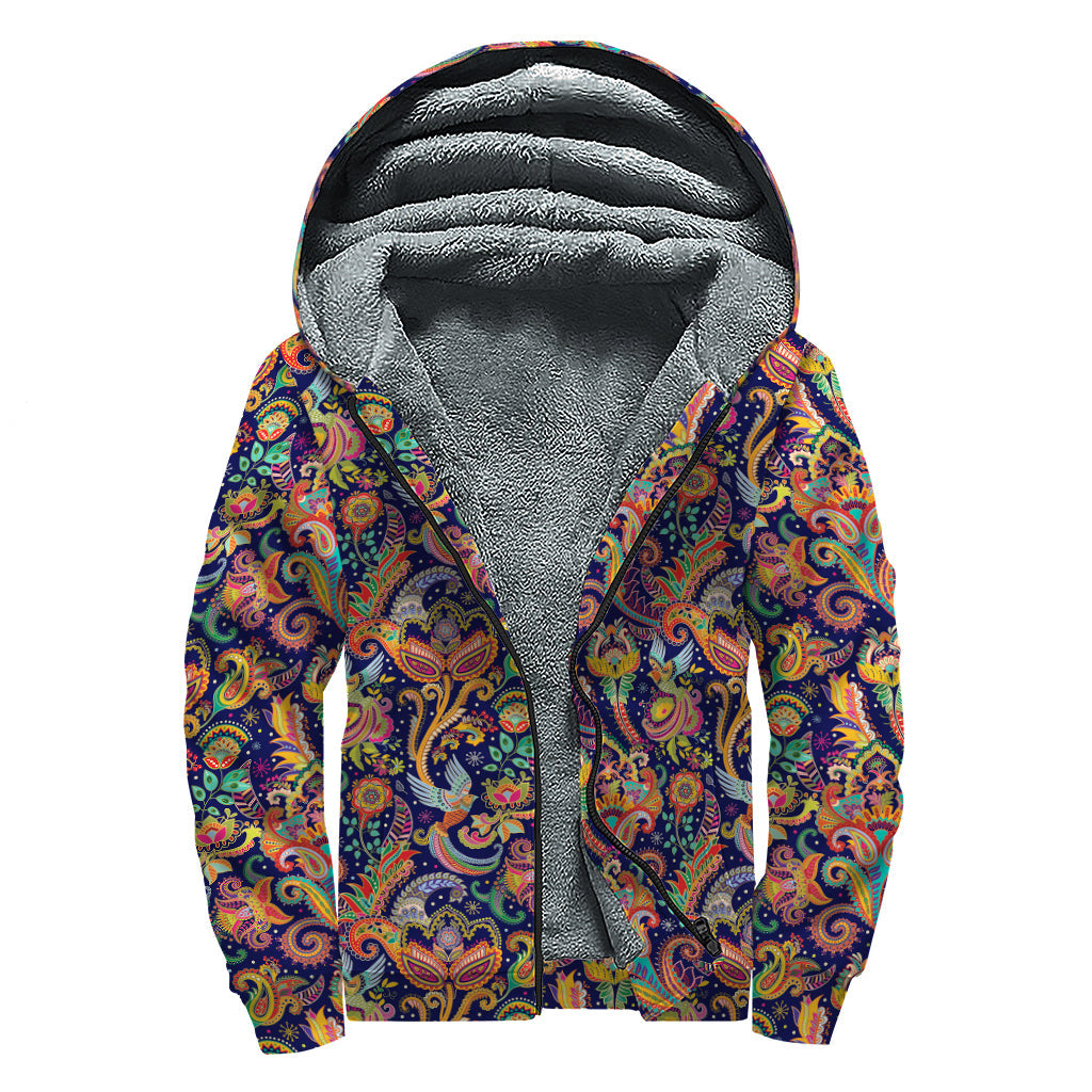 Colorful Indian Paisley Pattern Print Sherpa Lined Zip Up Hoodie for the Free-Spirited Hippie - 1