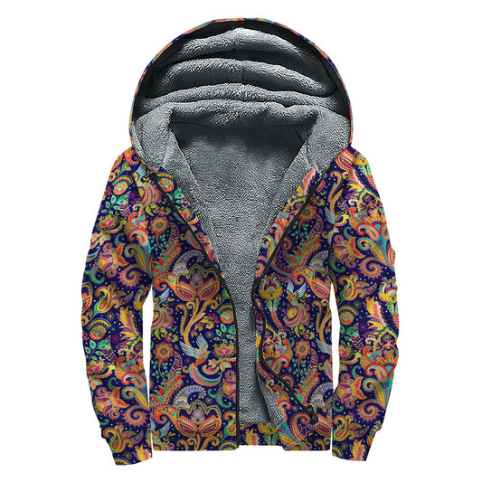 Colorful Indian Paisley Pattern Print Sherpa Lined Zip Up Hoodie for the Free-Spirited Hippie - 1