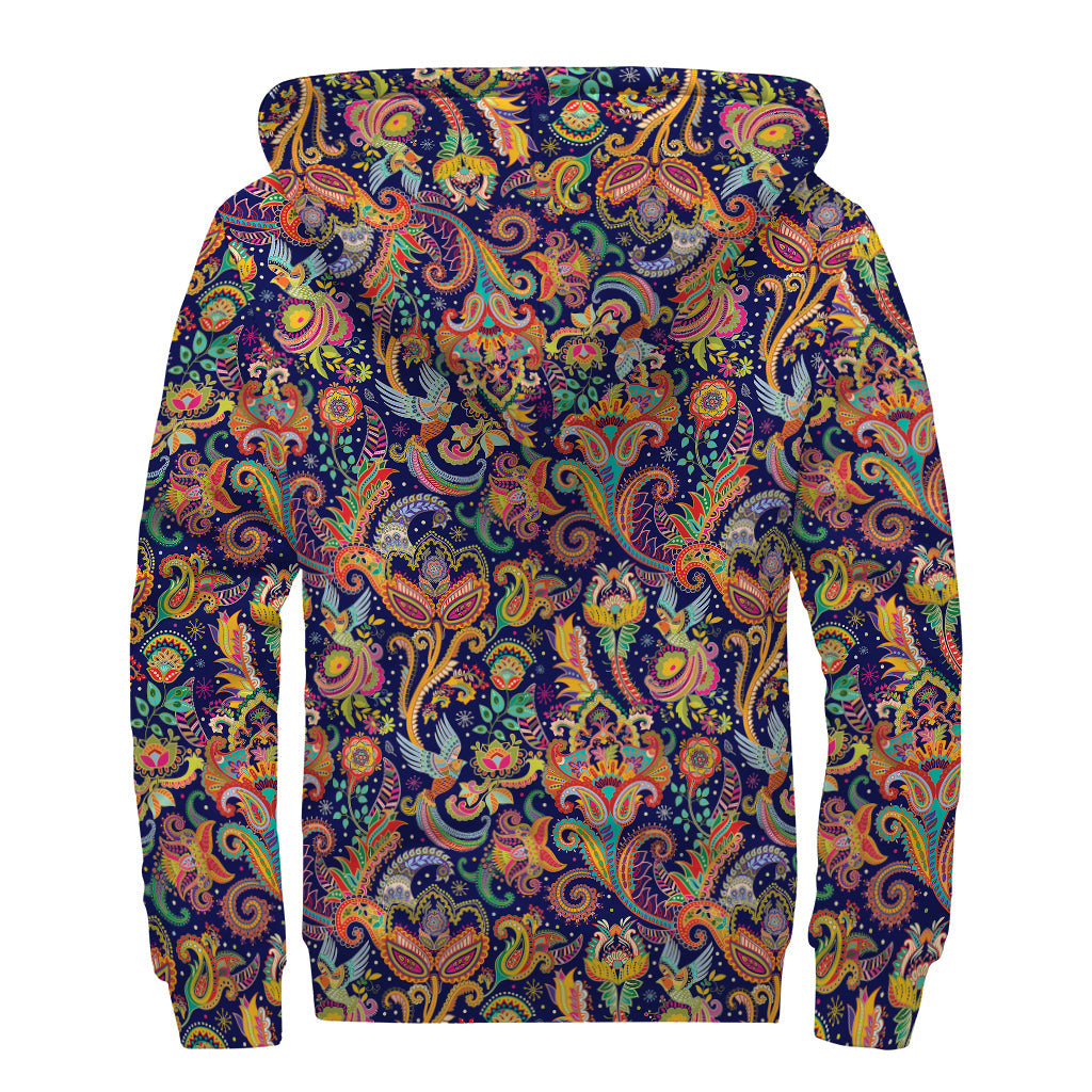 Colorful Indian Paisley Pattern Print Sherpa Lined Zip Up Hoodie for the Free-Spirited Hippie - 2