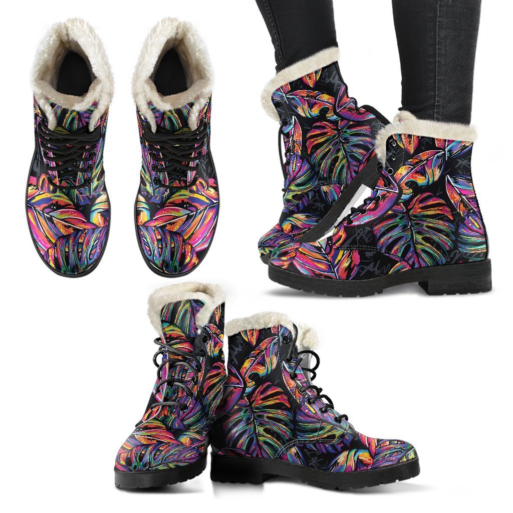 Step Out in Style with Colorful Leaf Tropical Pattern Faux Fur Leather Boots - 2