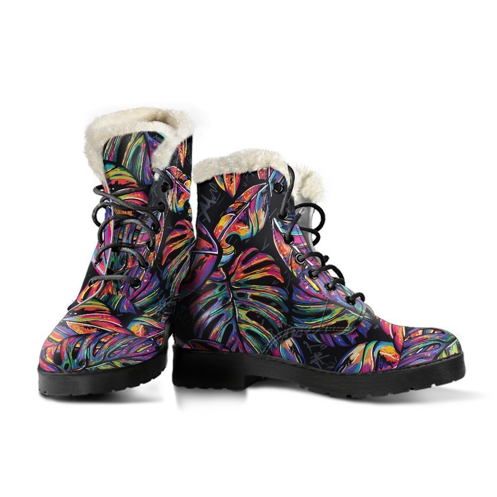 Step Out in Style with Colorful Leaf Tropical Pattern Faux Fur Leather Boots - 3