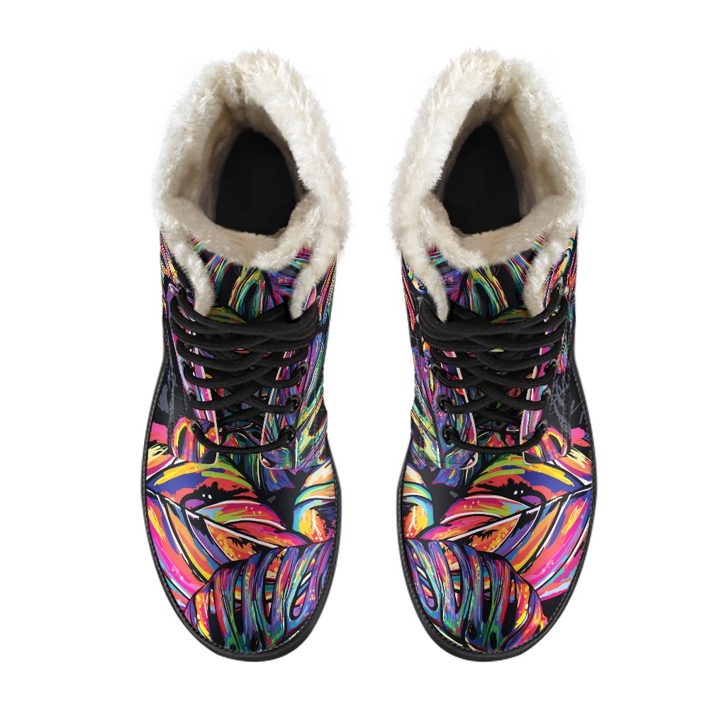 Step Out in Style with Colorful Leaf Tropical Pattern Faux Fur Leather Boots - 4