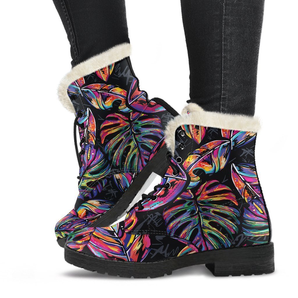 Step Out in Style with Colorful Leaf Tropical Pattern Faux Fur Leather Boots - 1