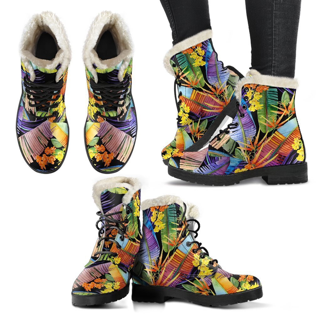 Colorful Leaves Tropical Pattern Faux Fur Leather Boots for Your Inner Hippie - 2