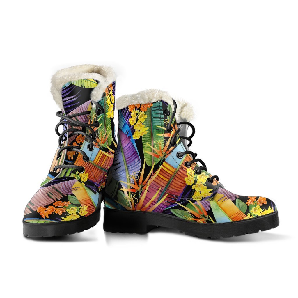 Colorful Leaves Tropical Pattern Faux Fur Leather Boots for Your Inner Hippie - 3