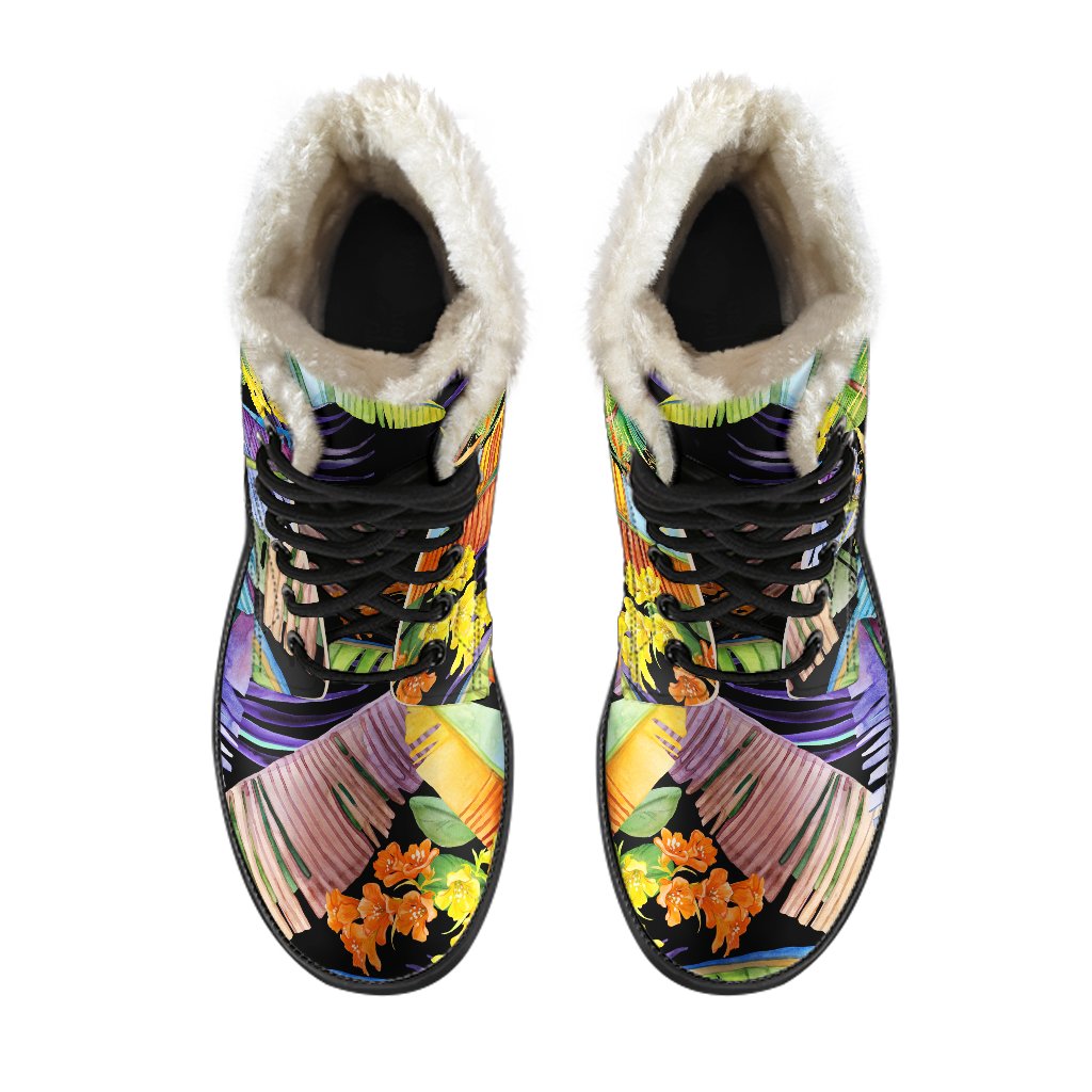 Colorful Leaves Tropical Pattern Faux Fur Leather Boots for Your Inner Hippie - 4