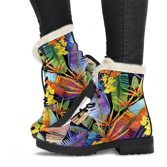 Colorful Leaves Tropical Pattern Faux Fur Leather Boots for Your Inner Hippie - 1