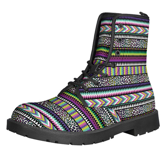 Colorful Leopard Navajo Tribal Print Leather Boots: A Stylish Choice for Hipsters - 1