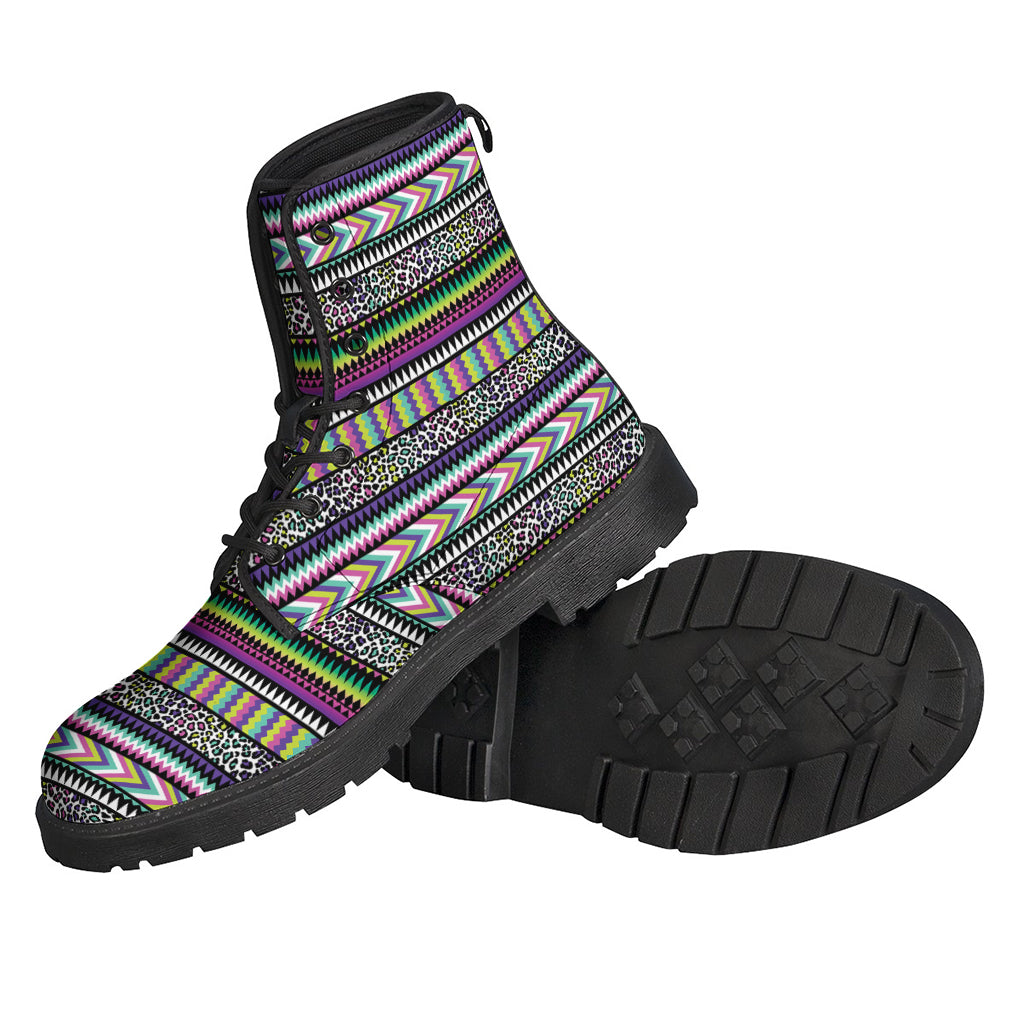 Colorful Leopard Navajo Tribal Print Leather Boots: A Stylish Choice for Hipsters - 2