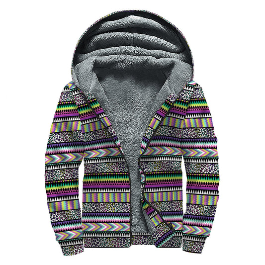 Colorful Leopard Navajo Tribal Print Sherpa Lined Zip Up Hoodie for Free-Spirited Hippies - 1