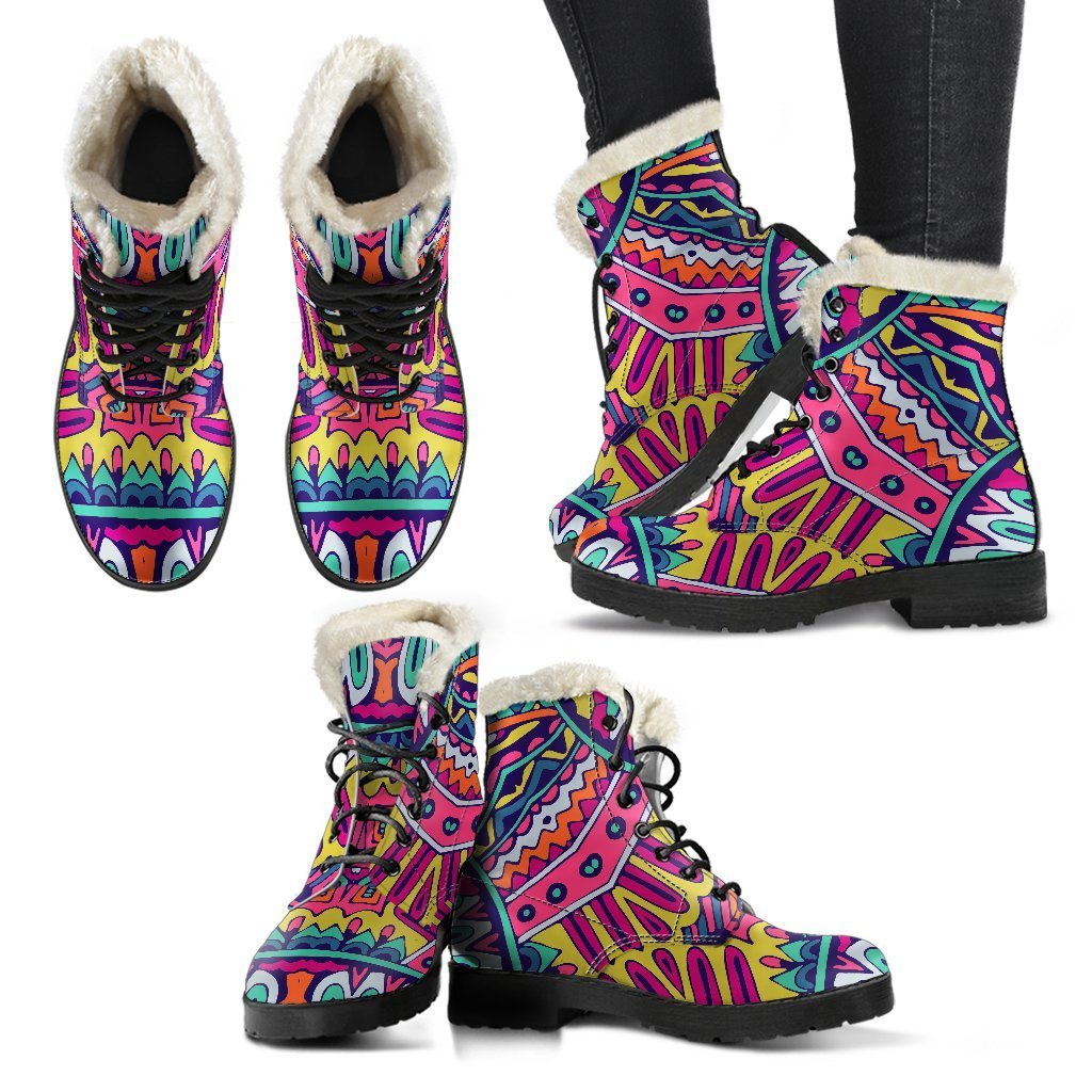 Colorful Mandala Bohemian Boots: Step Out in Style with Faux Fur and Leather! - 2