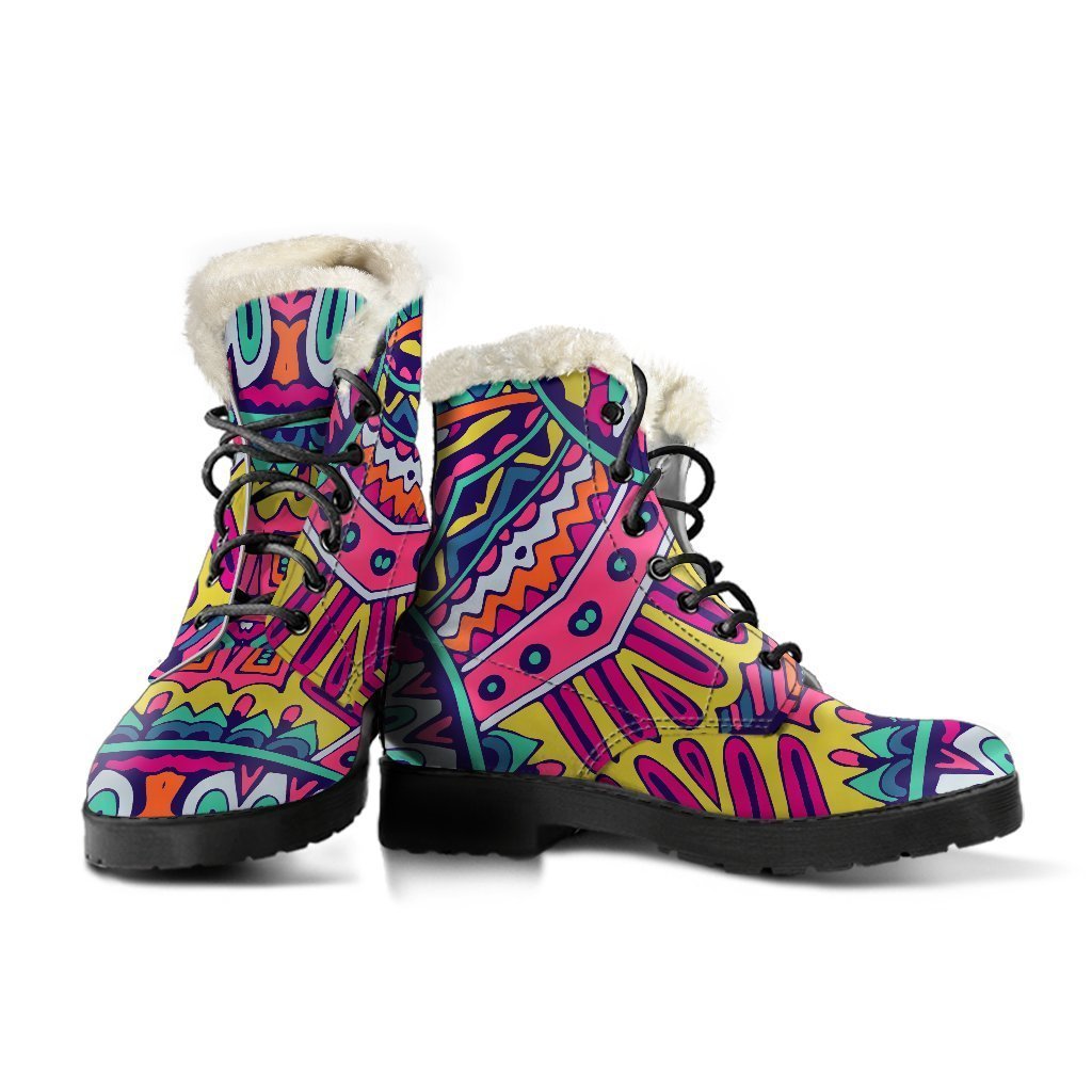 Colorful Mandala Bohemian Boots: Step Out in Style with Faux Fur and Leather! - 3